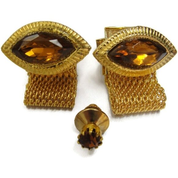 Mesh Cufflinks Tie Tack Set Paris Gold Tone Wedding Accessories Vintage - Picture 16 of 16